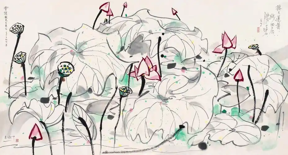 名画复制品吴冠中荷花莲子50*27厘米花鸟画中国画水墨画名人字画