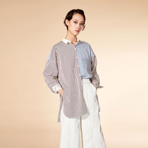 sungdo gin蓝紫撞色条纹不规则拼接宽松廓形长款衬衫