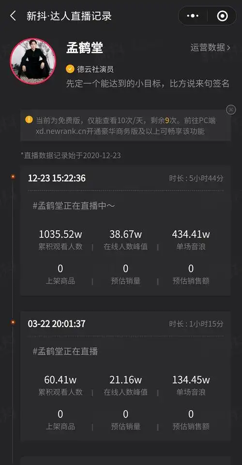 抖音直播数据统计贴音浪郭德纲1681万张云雷2242万孟鹤堂音浪434万