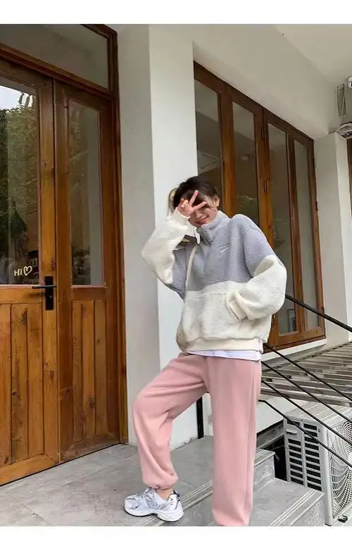 【300克羊羔绒】羊羔毛卫衣外套套装女秋冬季新款盐系穿搭加绒 - 17网