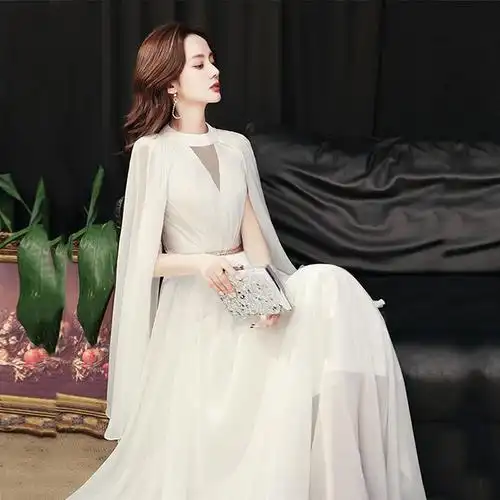 晚礼服女2021新款宴会主持高贵气质法式轻奢大气优雅端庄白色长裙