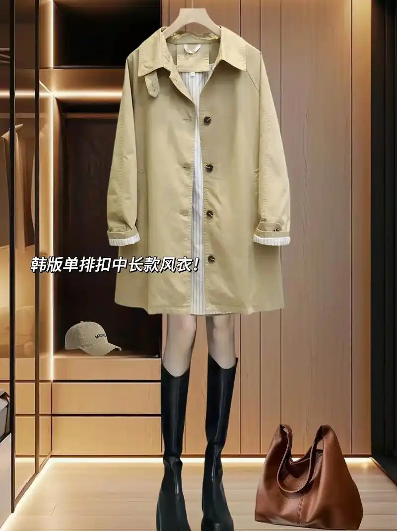 韩版单排口中长款风衣!! 姐妹们~韩版风衣时尚百搭