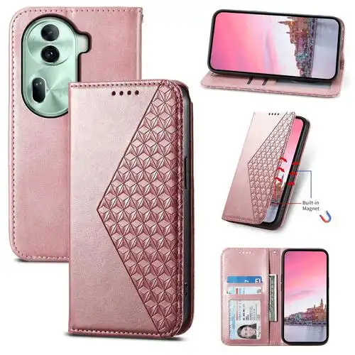 外贸适用oppo reno11菱形小牛纹手机皮套翻盖插卡手绳对吸保护套