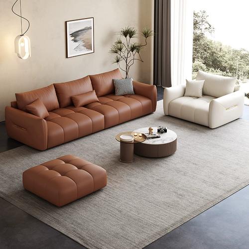 佐慕头层牛皮棉花糖沙发客厅简约现代意式小户型直排钢琴键皮沙发