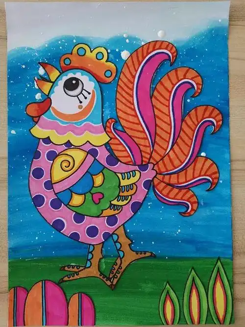 13「儿童创意画」大公鸡,戴红帽,身上穿着花外套