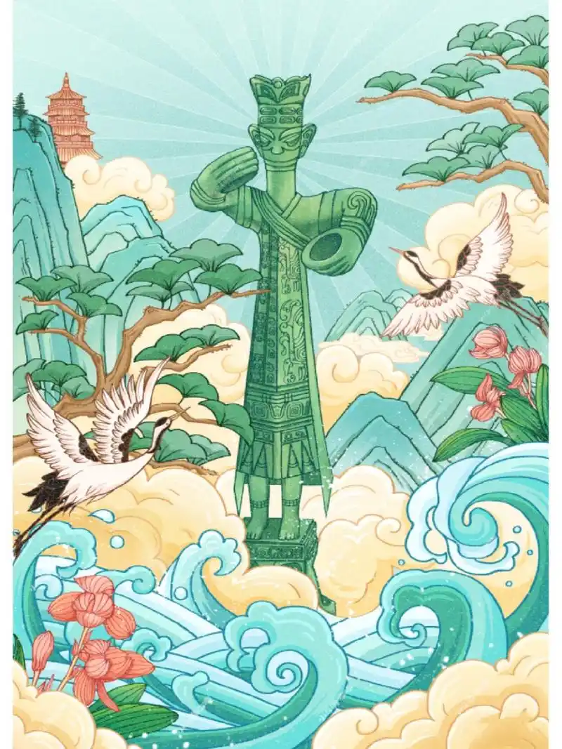 国风系列 · 原创手绘三星堆青铜立人插画 很喜欢三星堆诶～ 虽然离着