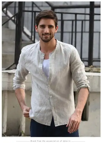 mtiny棒球领亚麻衬衫男士休闲立领修身麻料长袖上衣透气棉麻衬衣男棕