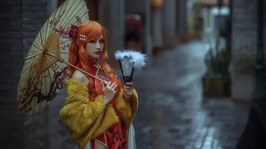 海贼王娜美cos,波浪长发开叉旗袍,娇坐长椅羽扇轻摇|娜美|开叉|旗袍