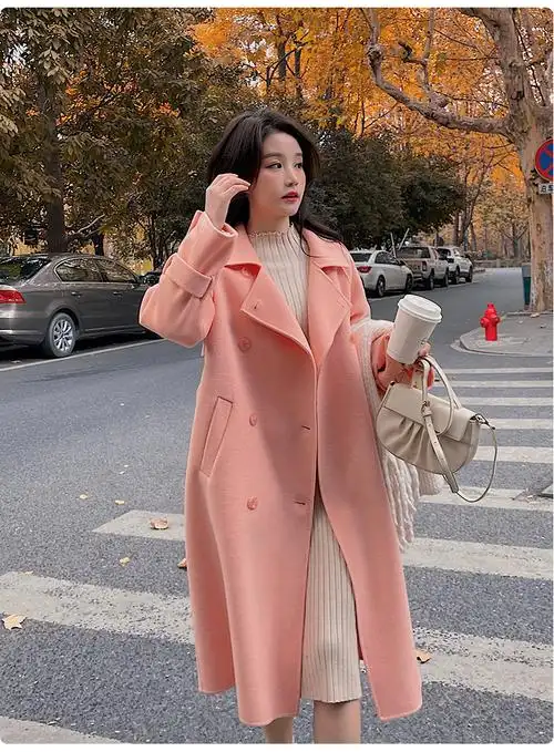 拉夏贝尔毛呢大衣女专柜橘粉色双面羊绒大衣女中长款2021年新款高端