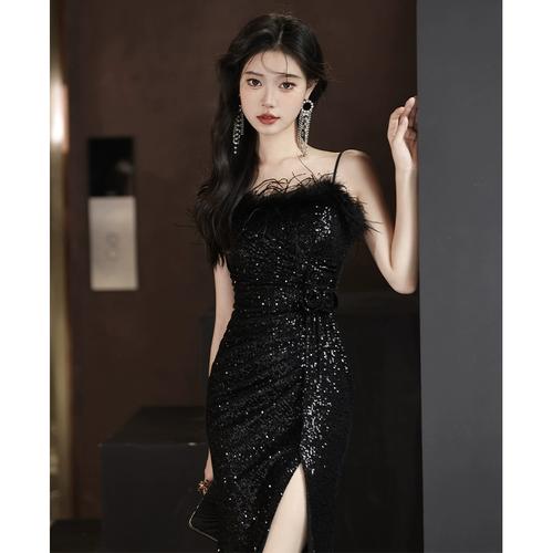 黑色晚礼服女2023新款高级感名媛年会亮片鱼尾裙轻奢小众高端冬季
