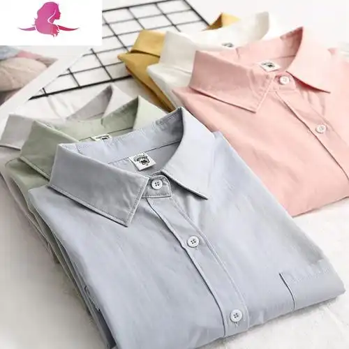 艳如飞春秋新款文艺简约棉长袖白衬衫女韩版宽松学生休闲外套叠穿衬衣