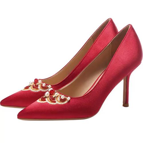 刺绣婚纱两穿高跟鞋found红色秀禾婚鞋高级感粗跟女新娘中式miss