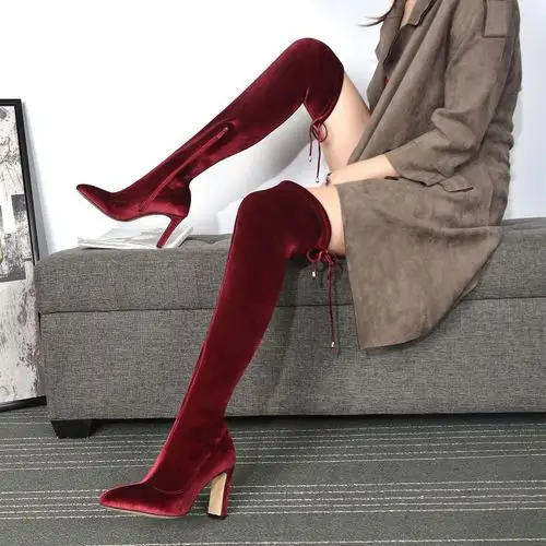 冬季尖头过膝长靴红色长筒靴子子女2020新款时装靴