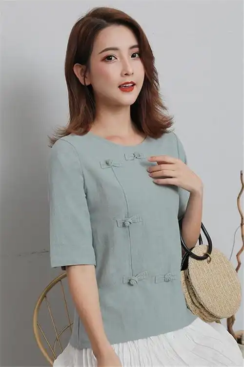2019夏季新款棉麻五分袖t恤文艺复古盘扣麻料小衫宽松亚麻上衣女