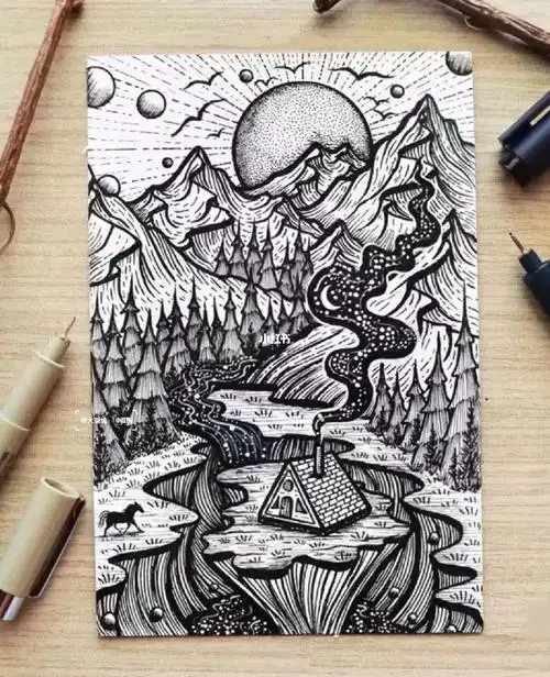 月全食|黑白装饰画插画 线描 手绘