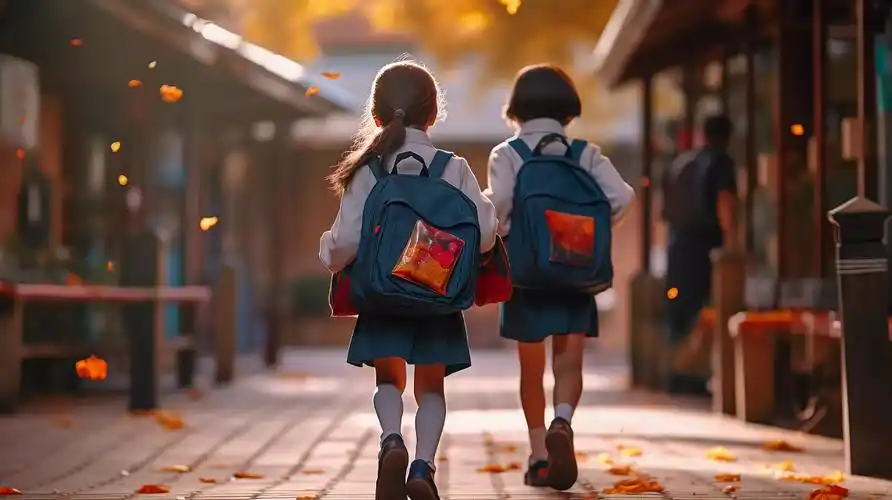 背着书包上学的小学生孩子背影学校校园开学季教育学生学习成长