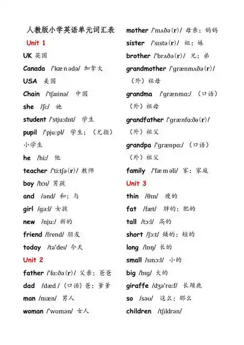 人教版英语三年级下册单元词汇表