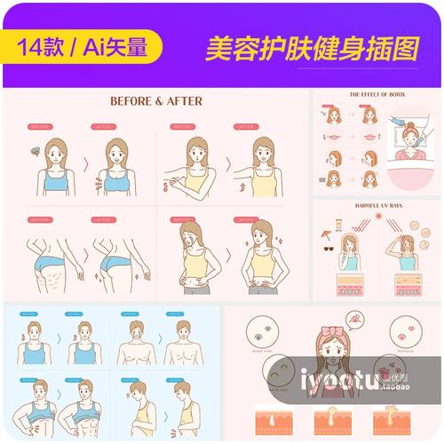 手绘美容护肤皮肤护理健身前后对比插图ai矢量设计素材i23122702