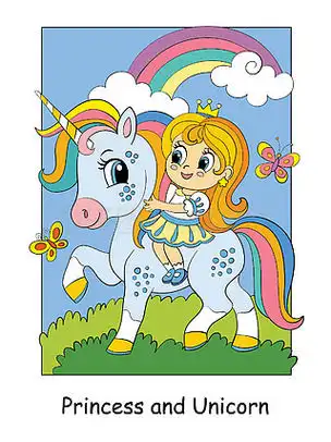 可爱的小公主骑着独角兽.儿童风格的矢量彩色卡通插画.