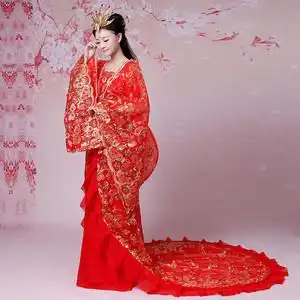 古装贵妃服装女唐朝宫廷娘娘红色拖尾裙影楼写真服汉服皇后演出服