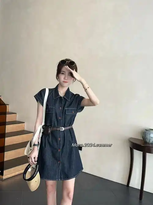 配腰包～牛仔裙mona夏季排扣连衣裙设计感女百搭小个子短裙潮 - 17网