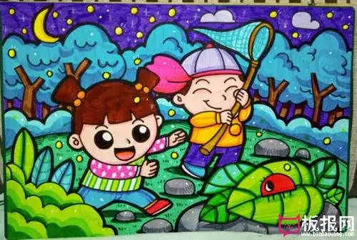 月光下抓昆虫的小孩,漂亮的儿童画图片