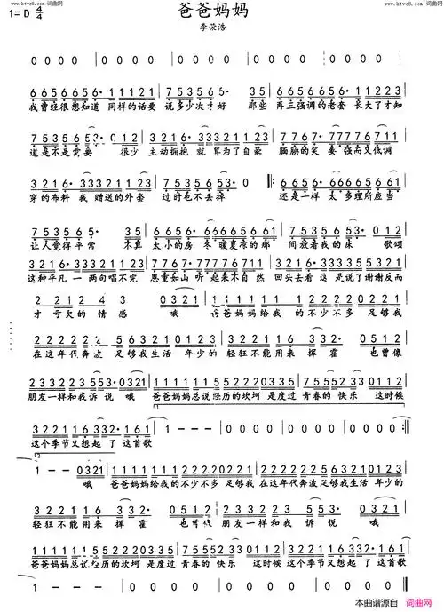 爸爸妈妈简谱-李荣浩演唱1