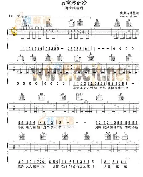 寂寞沙洲冷吉他谱c调