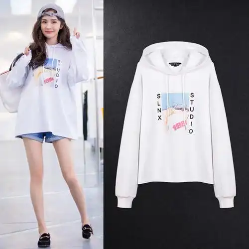 2019秋季新款女装杨幂同款白色卫衣字母印花连帽宽松休闲上衣9795