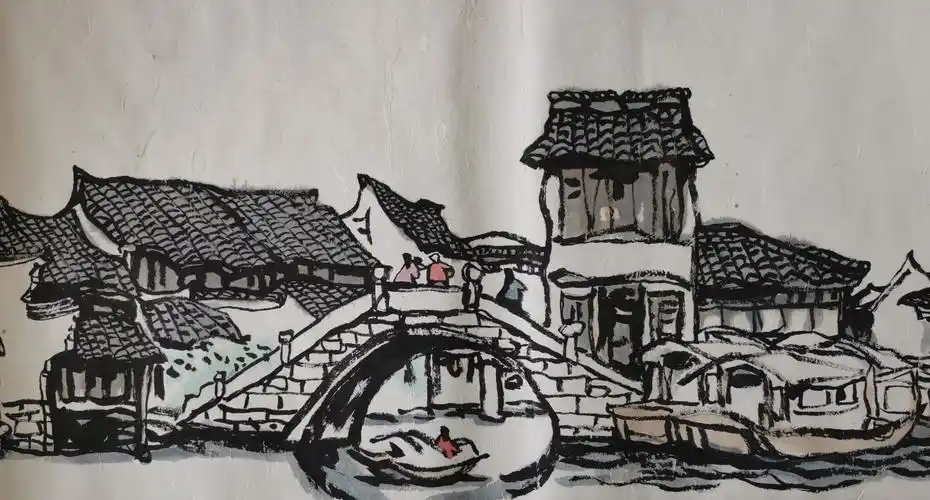 回望江南·水乡乌镇宣纸·水墨加国画色写生长卷局部之九总长800x高