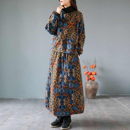 复古文艺棉麻套装女2020冬装新款高领外套加绒半身裙两件套女秋款