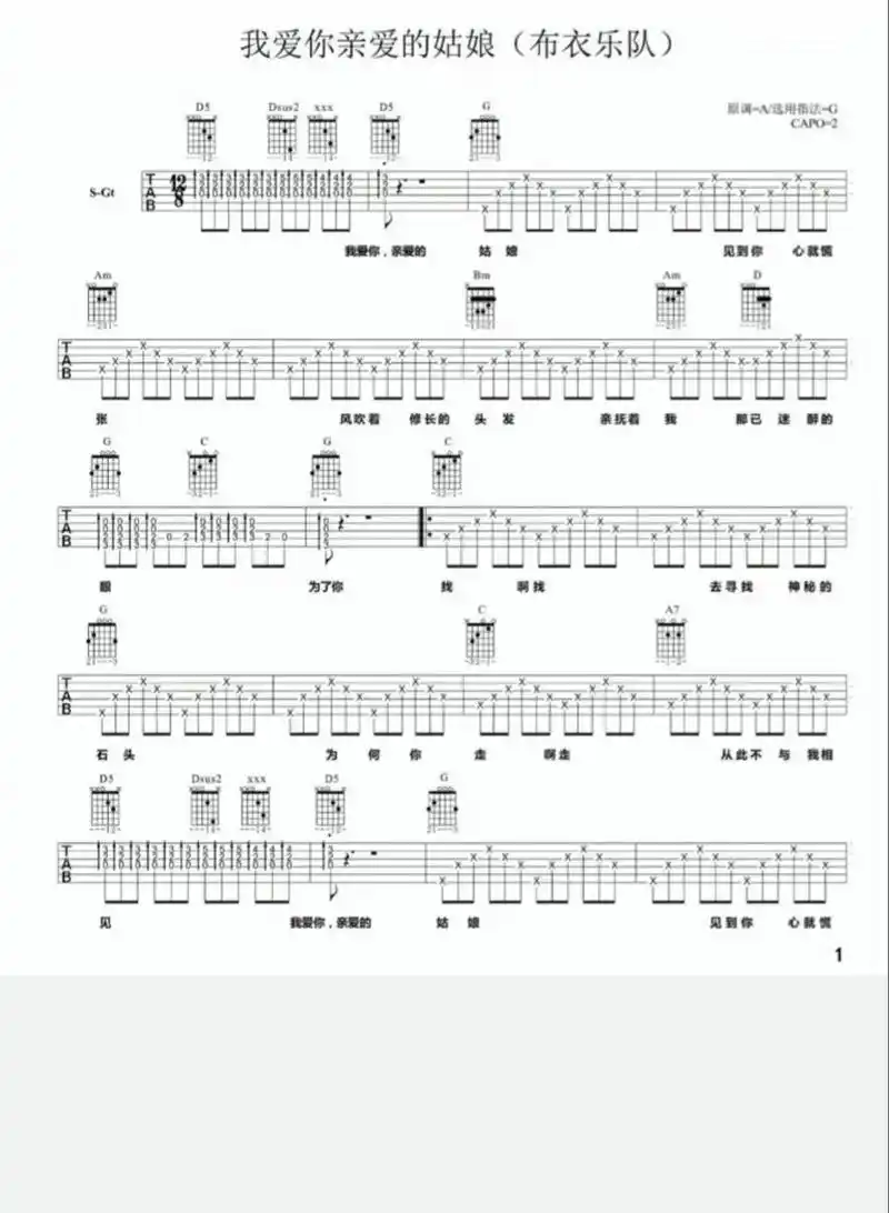 吉他谱我爱你亲爱的姑娘 #这一首歌见证了喧 - 抖音