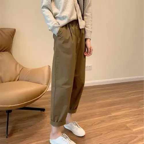 休闲软磨棉国潮时尚御姐港风复古棕色气质女神九分裤萝卜夏季女裤