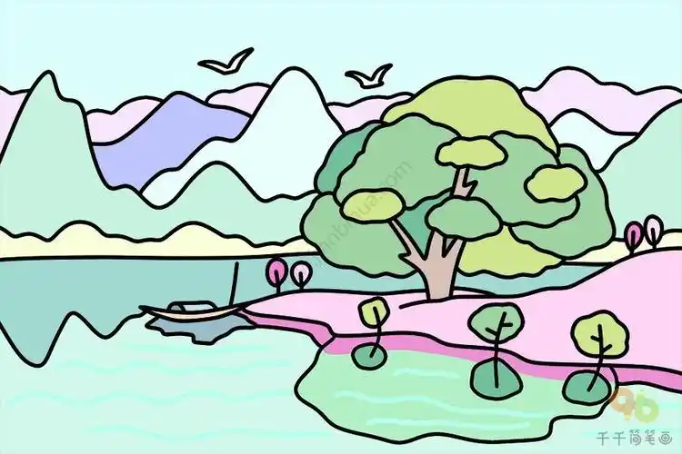 青绿三好看的山水风景上色简笔画图片教程步骤山水画水墨山水画图片50