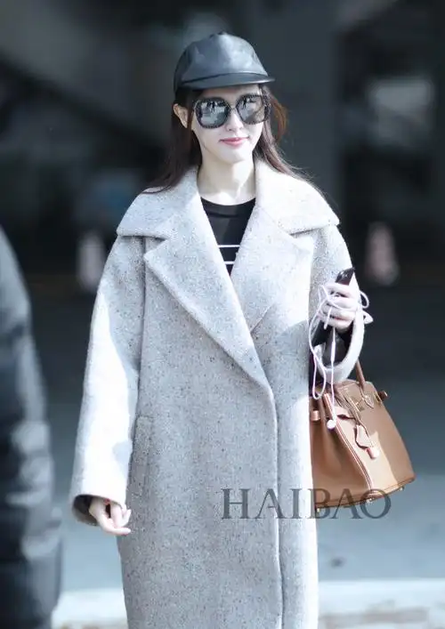 唐嫣同款毛呢大衣_2018冬明星同款唐嫣灰色大衣中长款毛呢外套大码
