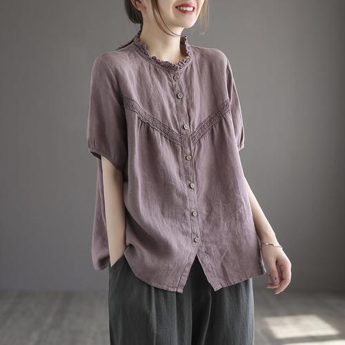 亚麻上衣女高端短袖