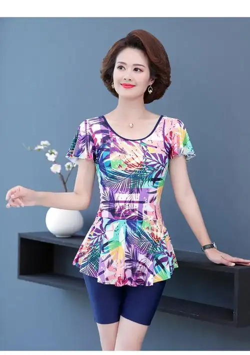 现货现发泳衣女保守分体遮肚显瘦中老年人泡温泉款大码女士游泳衣妈妈