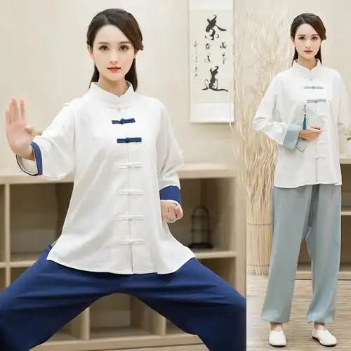 中国风亚麻太极服女春秋棉麻太极拳练功服武术表演服居士打坐禅服