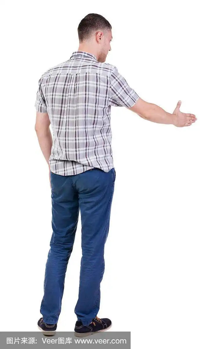 男人在衬衫握手的背面侧视图.