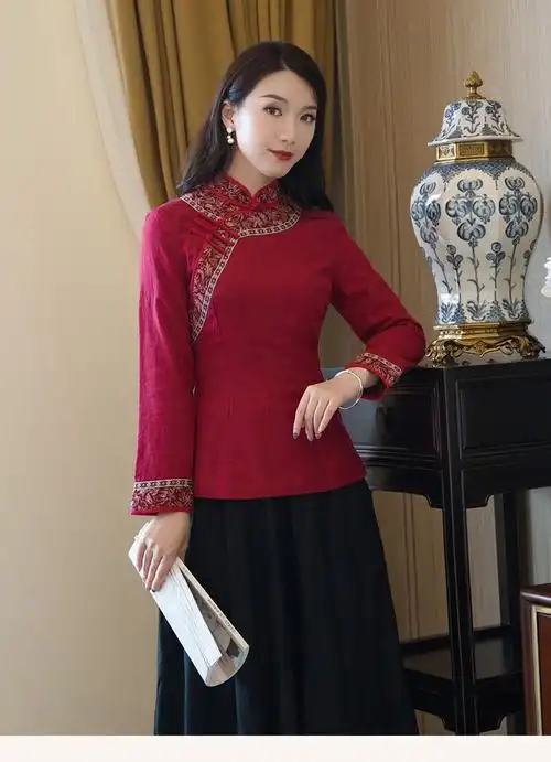 筠雅秋半身旗袍上衣中式唐装红色棉麻复古长袖盘扣修身中国风女装j1