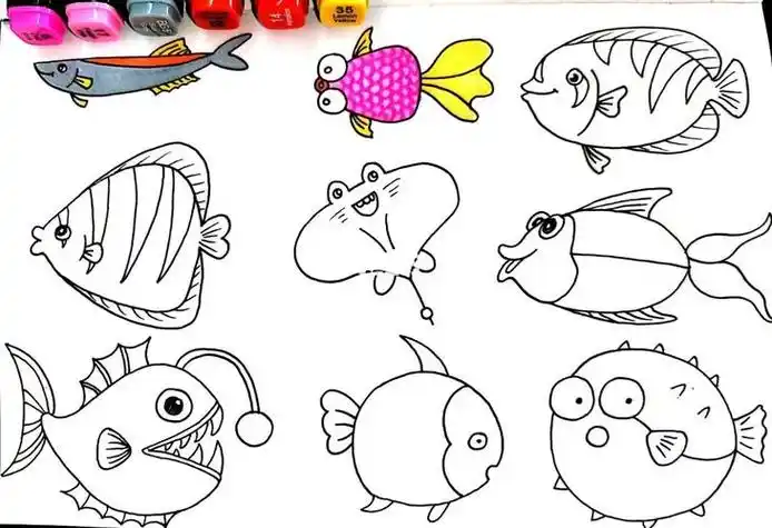马克笔手绘小鱼素材2 创意儿童画简笔画线描_简笔画_手绘_马克笔_创意