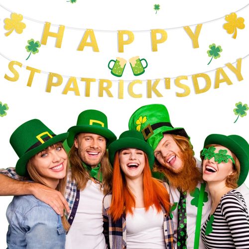 d2爱尔兰圣帕特里克节装饰金色幸运草拉旗吊饰三叶草金粉字母拉花