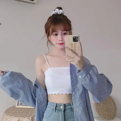 女生背心冰丝裹胸抹胸内衣女学生薄款打底吊带背心女内搭白色白色2件