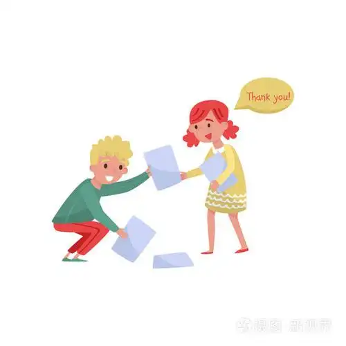 微笑的男孩帮助女孩从地板上拾起纸.有礼貌的孩子们.平面矢量设计