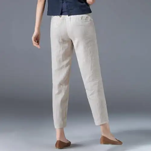 亚麻休闲裤女夏棉麻裤子2022新款锥形女裤八分休闲裤