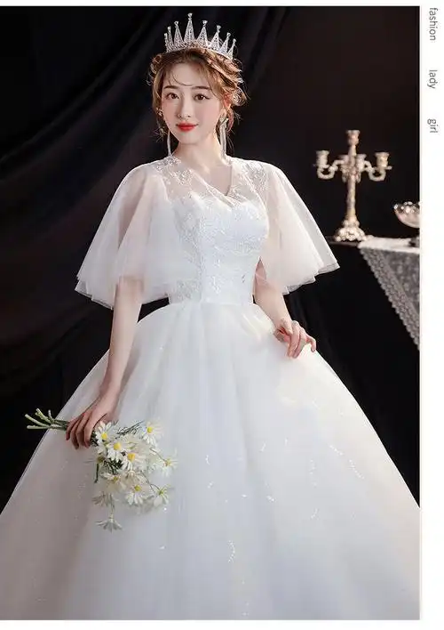 尊尚鸟主婚纱礼服2021春夏韩版娘显瘦蕾丝森系简约齐地v领遮手臂结婚