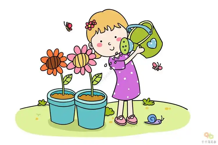 浇花的小女孩简笔画怎么画