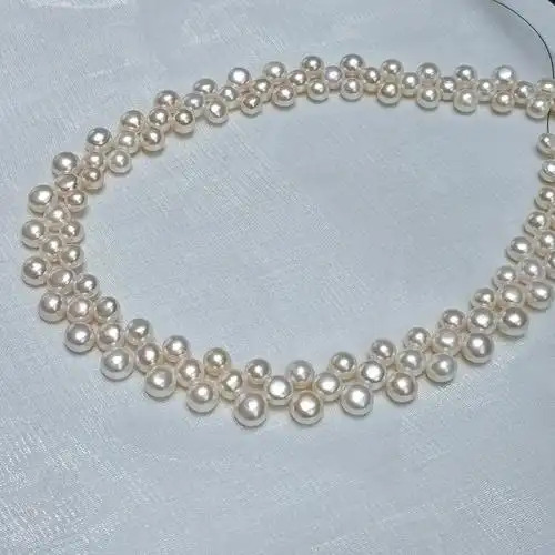 淡水无核珍珠 6-8mm三排扁珠项链馒头链法式复古手工编制明星同款