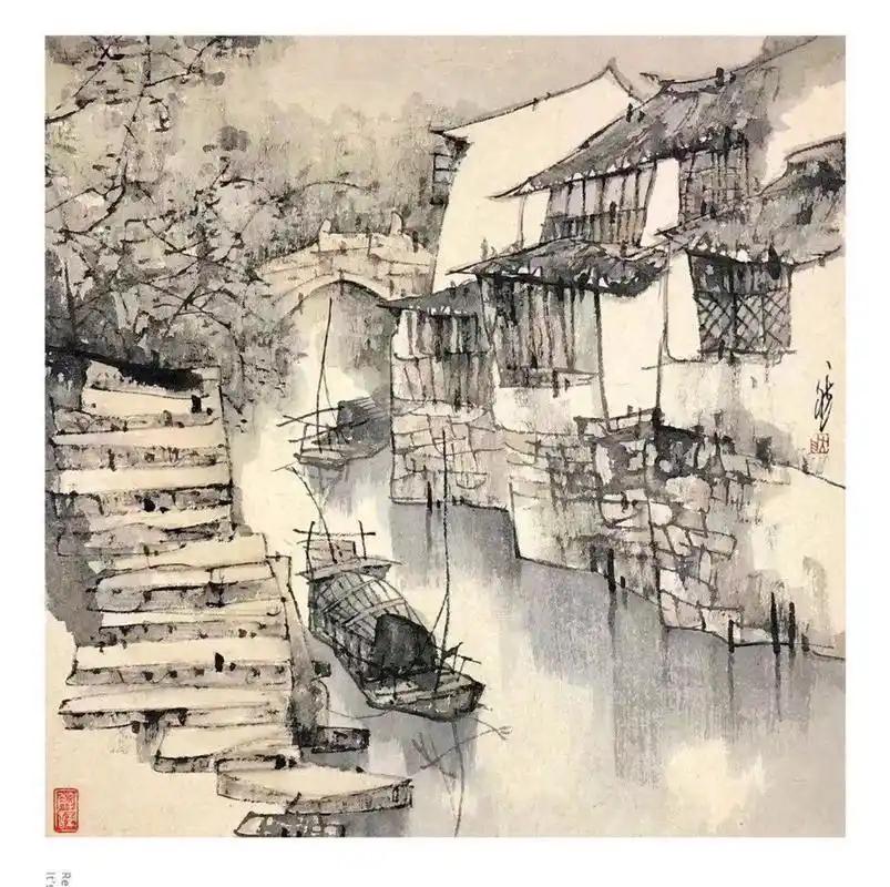 沈向然水墨画《绍兴斗门》与胥厚铮摄影作品《绍兴斗门古镇》欣赏