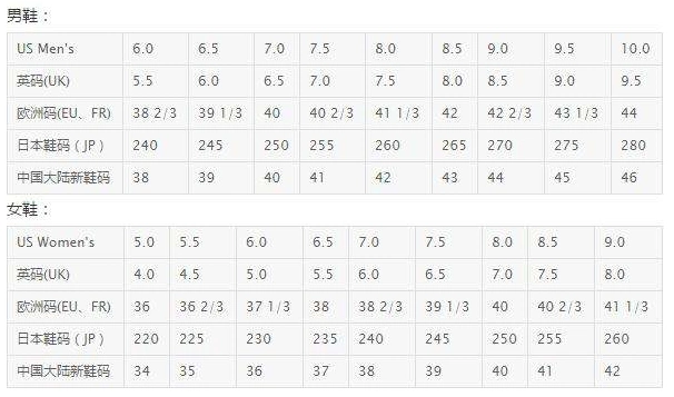 斐乐鞋尺码对照表